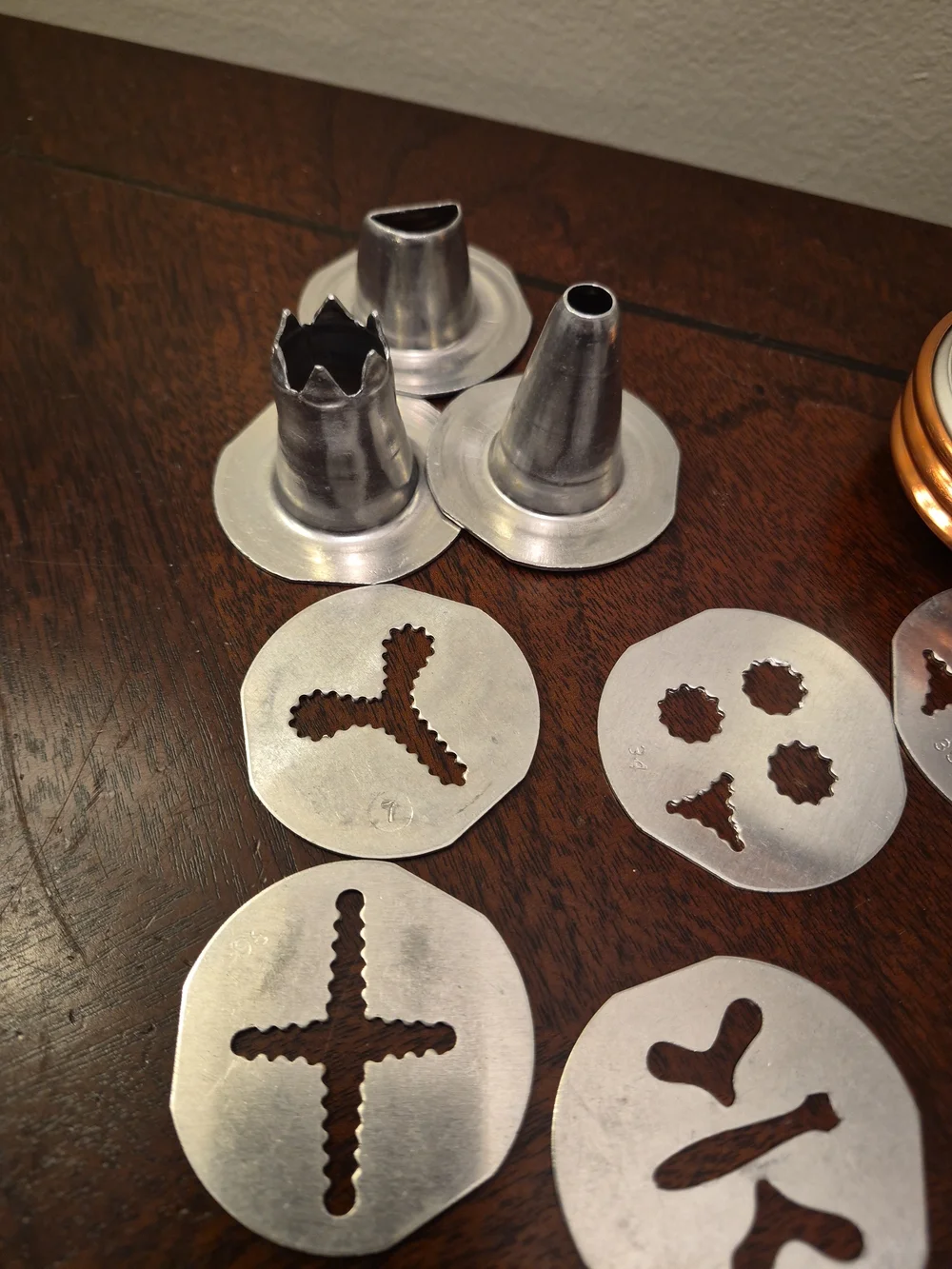Source Unknown Copper and Silver Cookie Press with 12 Decorative Discs & 3 Decor